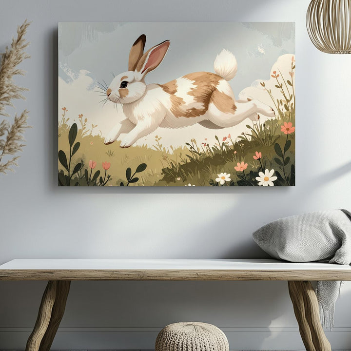 Playful Hopping Rabbit Canvas – Energetic Spring Wall Art - Gifitto