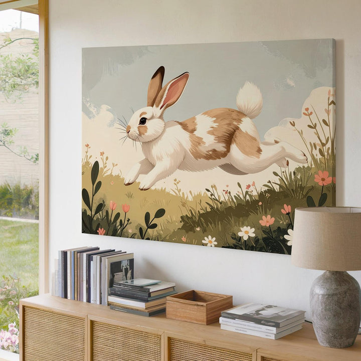 Playful Hopping Rabbit Canvas – Energetic Spring Wall Art - Gifitto