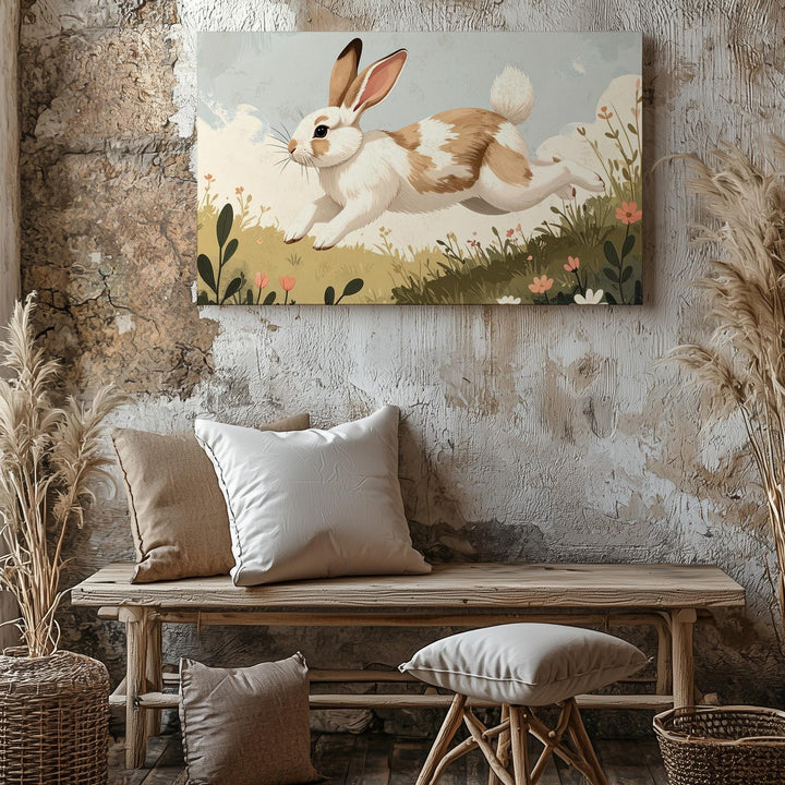 Playful Hopping Rabbit Canvas – Energetic Spring Wall Art - Gifitto