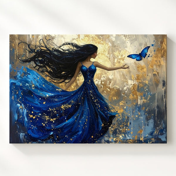 Starry Night Gown Woman Canvas – Whimsical Golden Fantasy Wall Art - Gifitto