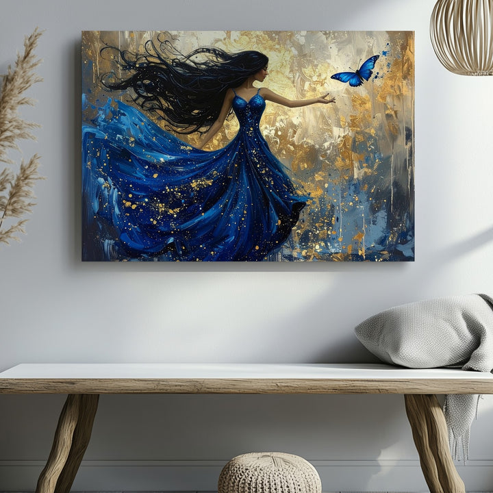 Starry Night Gown Woman Canvas – Whimsical Golden Fantasy Wall Art - Gifitto