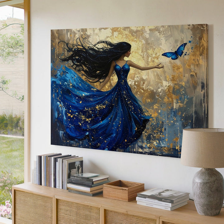 Starry Night Gown Woman Canvas – Whimsical Golden Fantasy Wall Art - Gifitto