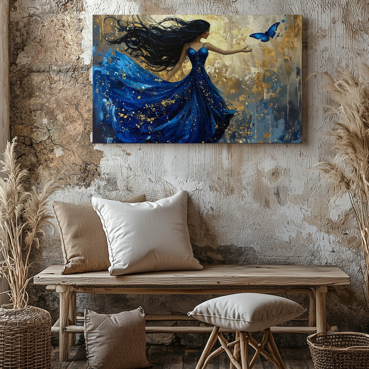 Starry Night Gown Woman Canvas – Whimsical Golden Fantasy Wall Art - Gifitto