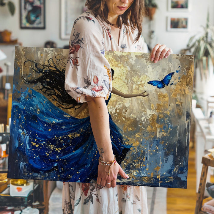 Starry Night Gown Woman Canvas – Whimsical Golden Fantasy Wall Art - Gifitto
