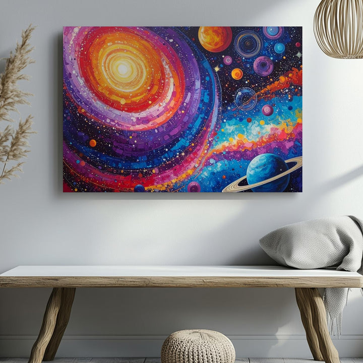 Cosmic Playground Canvas – Whimsical Galaxy Art with Colorful Planets & Orbs - Gifitto