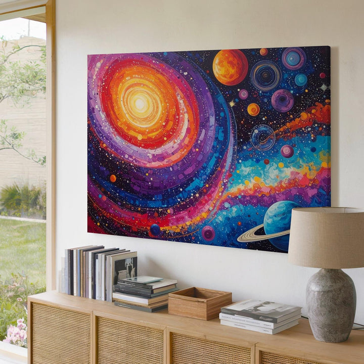 Cosmic Playground Canvas – Whimsical Galaxy Art with Colorful Planets & Orbs - Gifitto