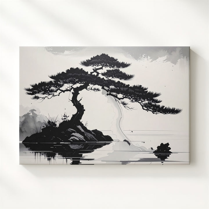 Windswept Pine Canvas – Minimalist Ink Landscape of Solitude & Strength - Gifitto