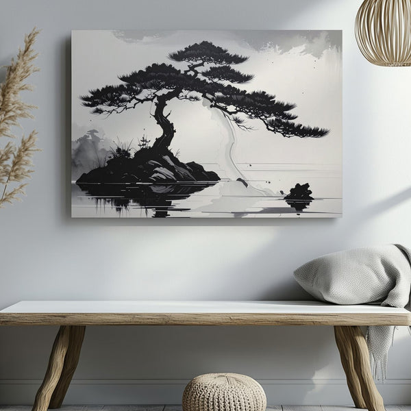 Windswept Pine Canvas – Minimalist Ink Landscape of Solitude & Strength - Gifitto