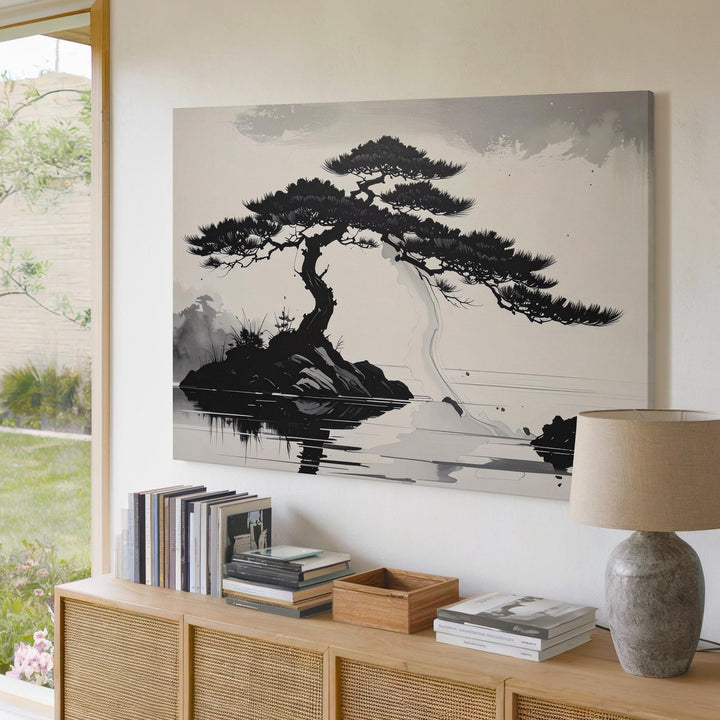 Windswept Pine Canvas – Minimalist Ink Landscape of Solitude & Strength - Gifitto