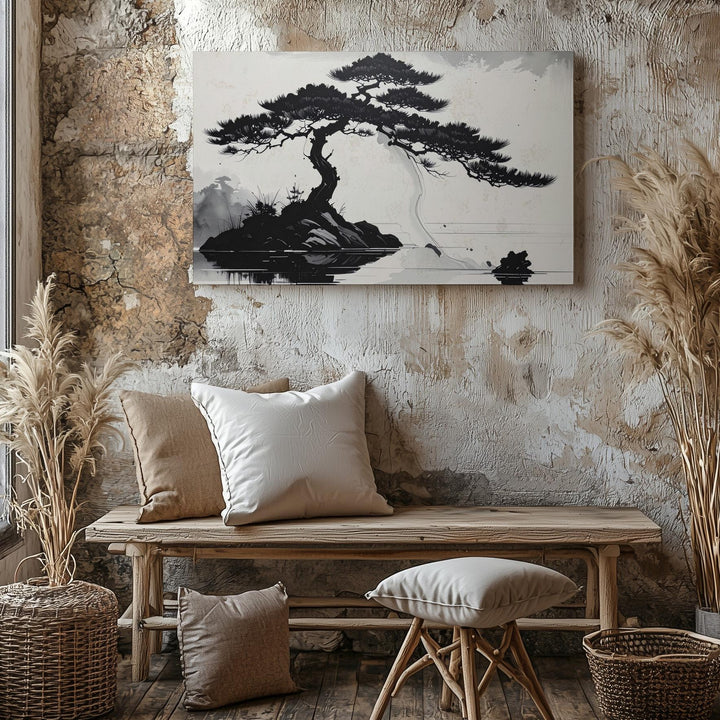 Windswept Pine Canvas – Minimalist Ink Landscape of Solitude & Strength - Gifitto
