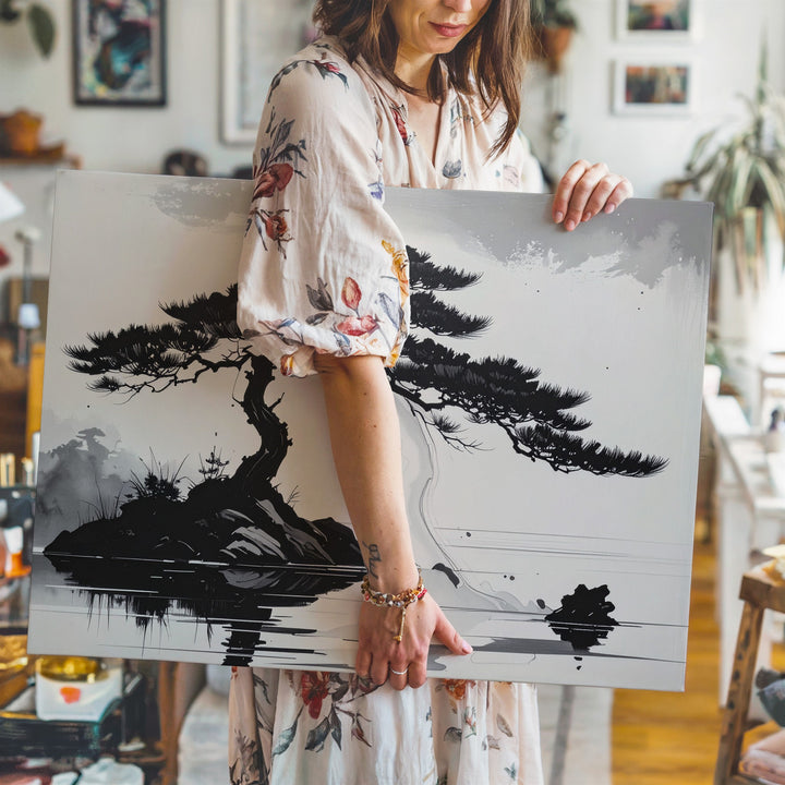 Windswept Pine Canvas – Minimalist Ink Landscape of Solitude & Strength - Gifitto
