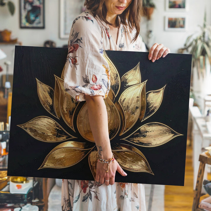 Golden Lotus Canvas – 3D Metallic Flower of Awakening & Sacred Light - Gifitto