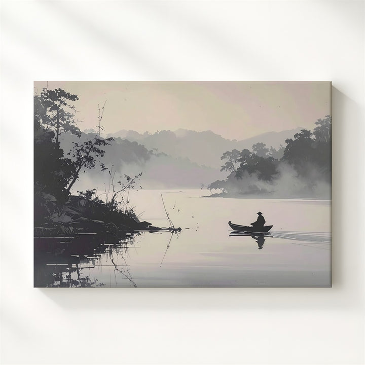 Misty River Boatman Canvas – Monochrome Zen Landscape of Solitude & Reflection - Gifitto