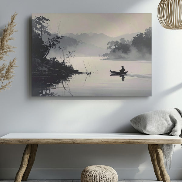 Misty River Boatman Canvas – Monochrome Zen Landscape of Solitude & Reflection - Gifitto