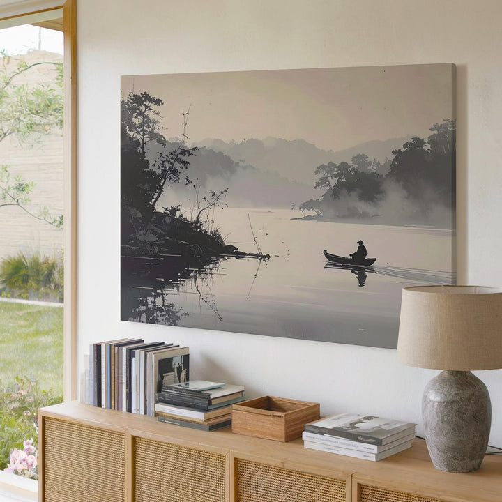 Misty River Boatman Canvas – Monochrome Zen Landscape of Solitude & Reflection - Gifitto