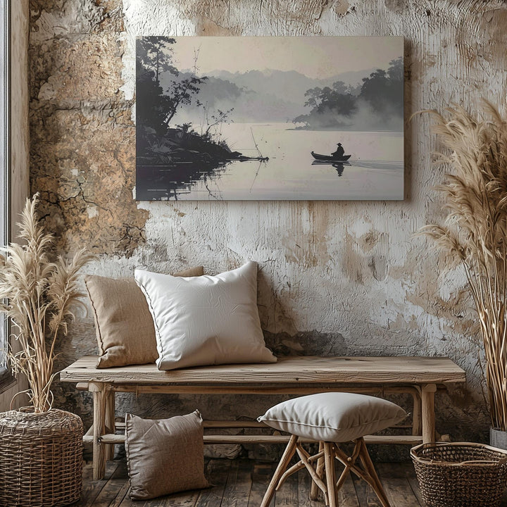Misty River Boatman Canvas – Monochrome Zen Landscape of Solitude & Reflection - Gifitto