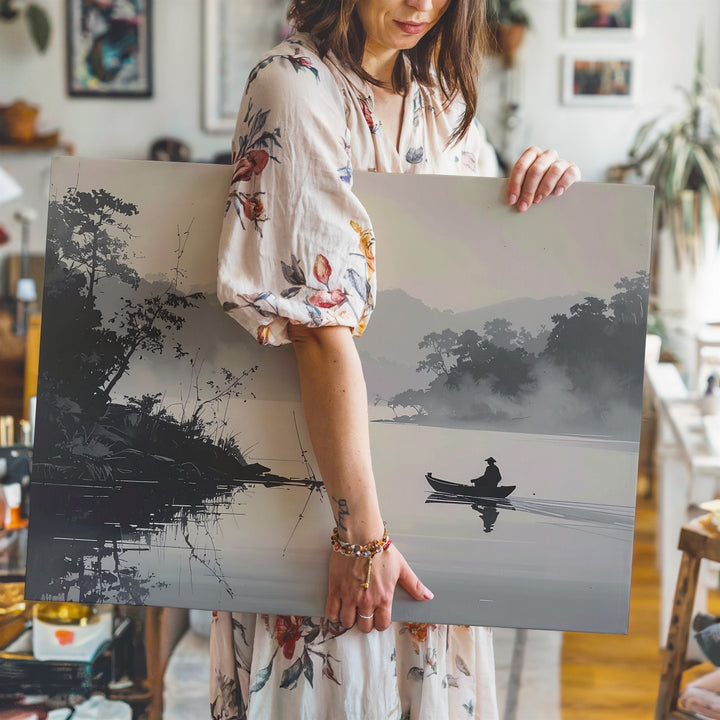 Misty River Boatman Canvas – Monochrome Zen Landscape of Solitude & Reflection - Gifitto
