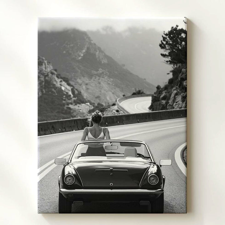 Vintage Convertible Road Trip Canvas – Black-and-White Adventure on Mountain Road - Gifitto