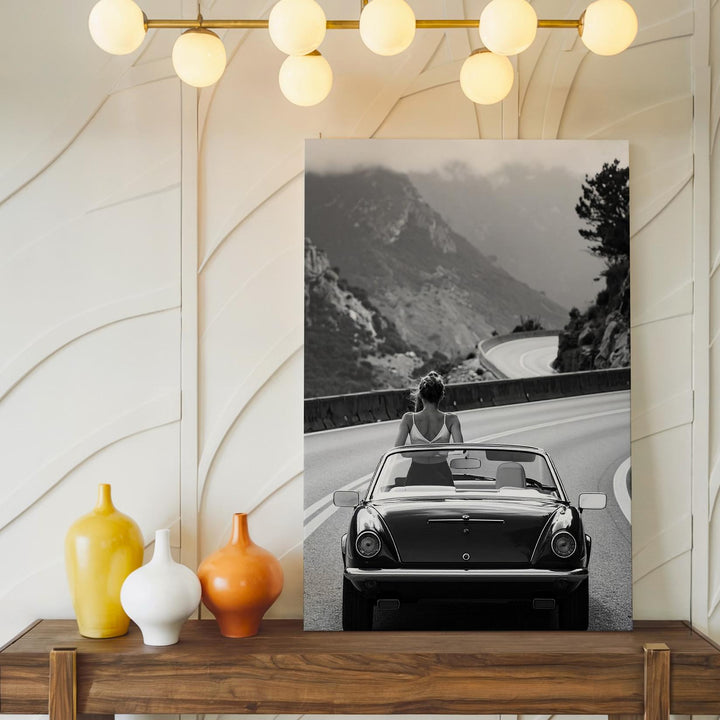 Vintage Convertible Road Trip Canvas – Black-and-White Adventure on Mountain Road - Gifitto