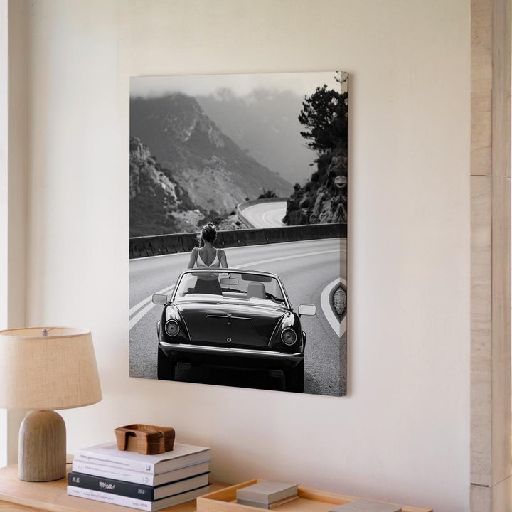 Vintage Convertible Road Trip Canvas – Black-and-White Adventure on Mountain Road - Gifitto