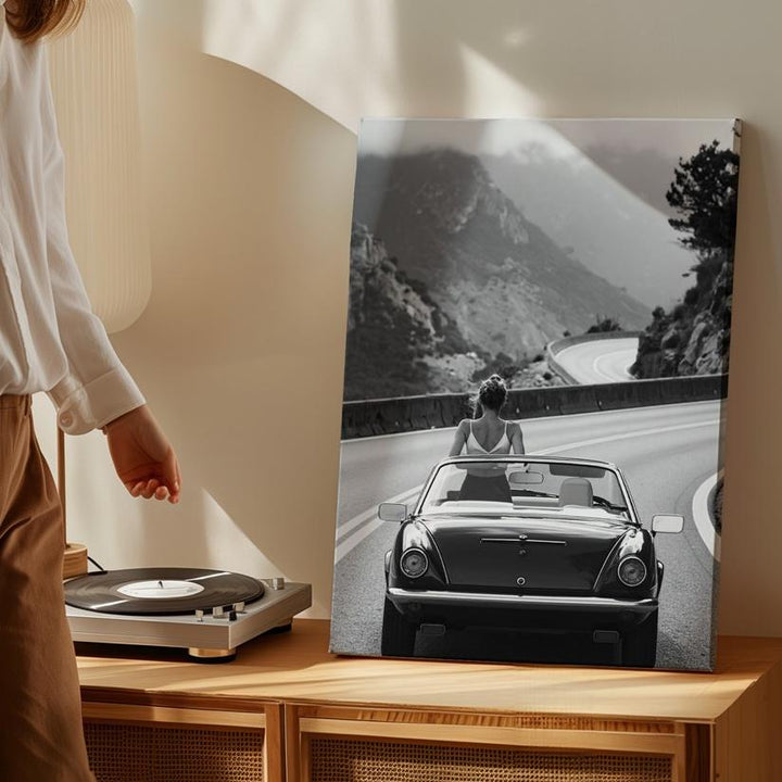 Vintage Convertible Road Trip Canvas – Black-and-White Adventure on Mountain Road - Gifitto