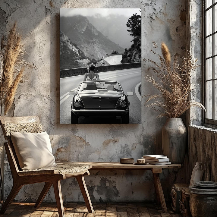Vintage Convertible Road Trip Canvas – Black-and-White Adventure on Mountain Road - Gifitto