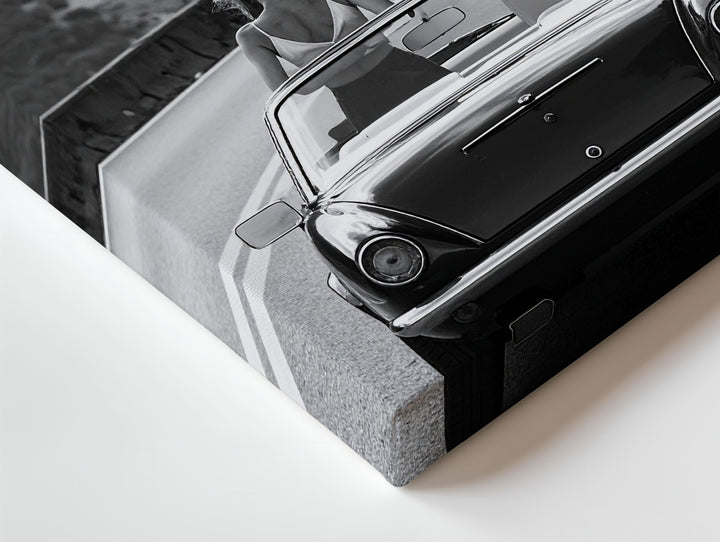 Vintage Convertible Road Trip Canvas – Black-and-White Adventure on Mountain Road - Gifitto