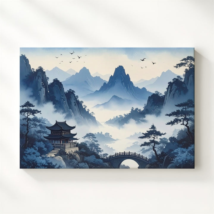 Misty Mountain Pagoda Canvas – Traditional Chinese Landscape of Harmony & Depth - Gifitto