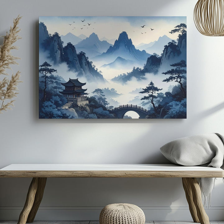Misty Mountain Pagoda Canvas – Traditional Chinese Landscape of Harmony & Depth - Gifitto