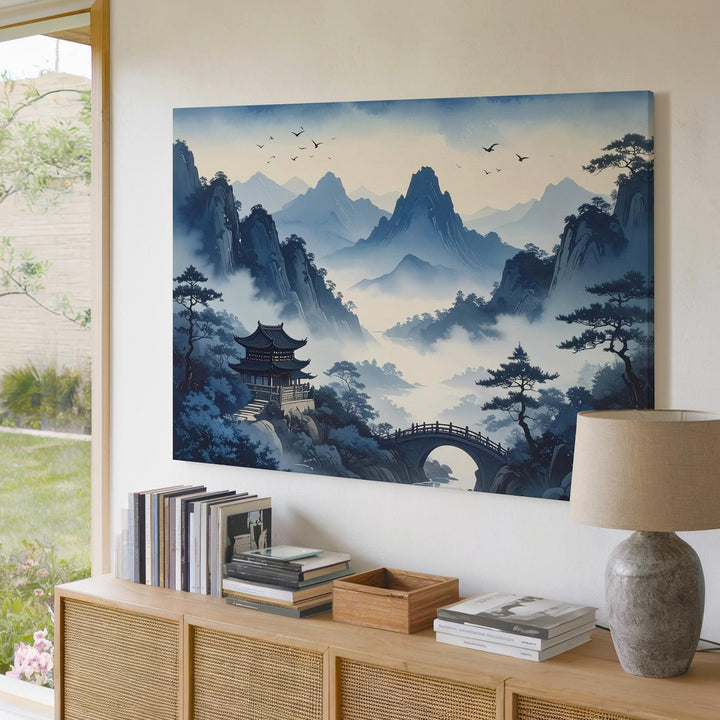 Misty Mountain Pagoda Canvas – Traditional Chinese Landscape of Harmony & Depth - Gifitto