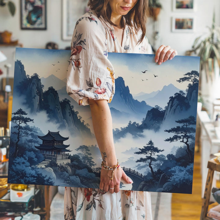 Misty Mountain Pagoda Canvas – Traditional Chinese Landscape of Harmony & Depth - Gifitto