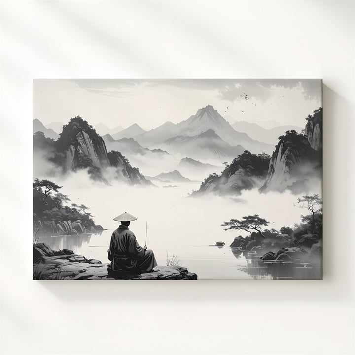 Solitary Fisherman Canvas – Minimalist Chinese Ink Art of Silence & Vastness - Gifitto