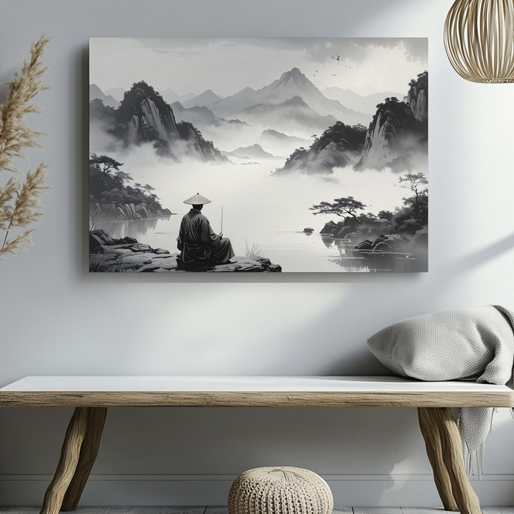 Solitary Fisherman Canvas – Minimalist Chinese Ink Art of Silence & Vastness - Gifitto
