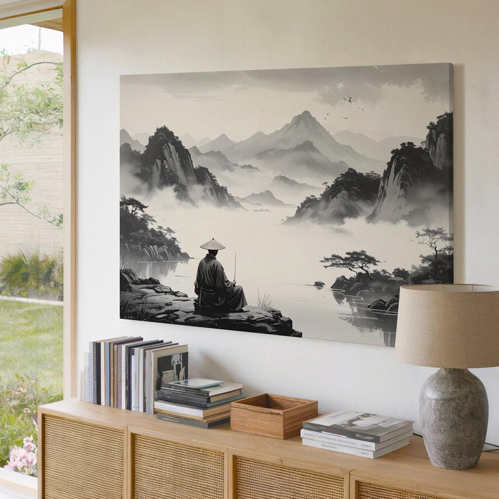 Solitary Fisherman Canvas – Minimalist Chinese Ink Art of Silence & Vastness - Gifitto