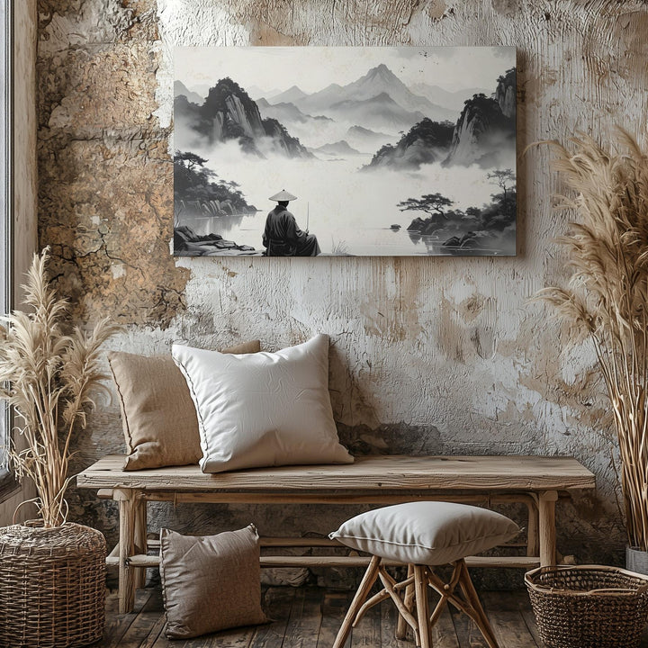 Solitary Fisherman Canvas – Minimalist Chinese Ink Art of Silence & Vastness - Gifitto