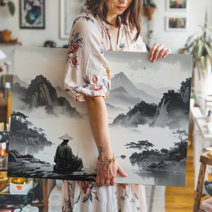 Solitary Fisherman Canvas – Minimalist Chinese Ink Art of Silence & Vastness - Gifitto