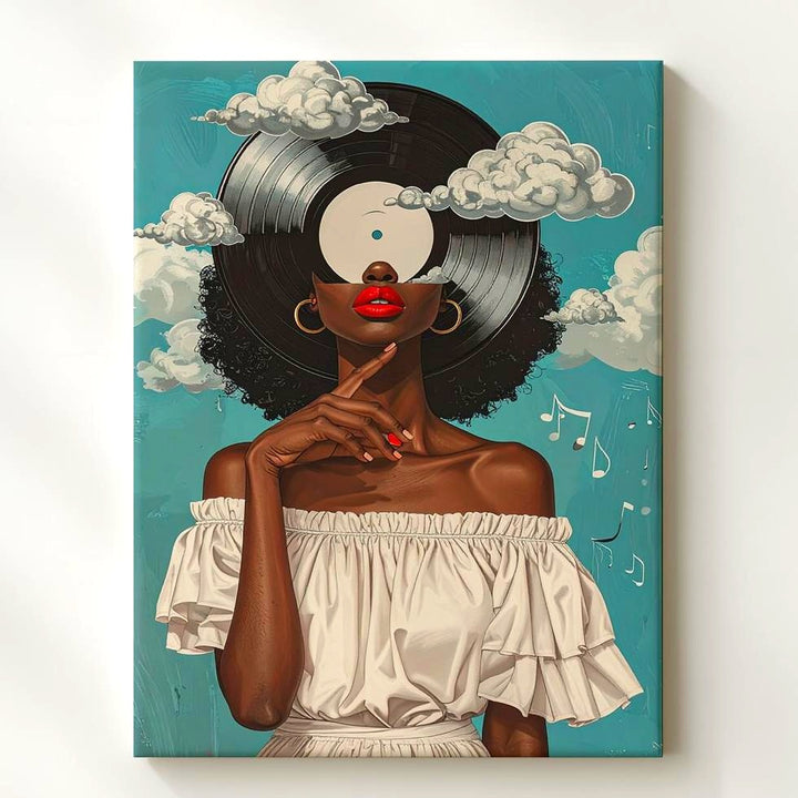 Afrofuturist Music Portrait Canvas – Woman with Vinyl Hair and Musical Notes - Gifitto