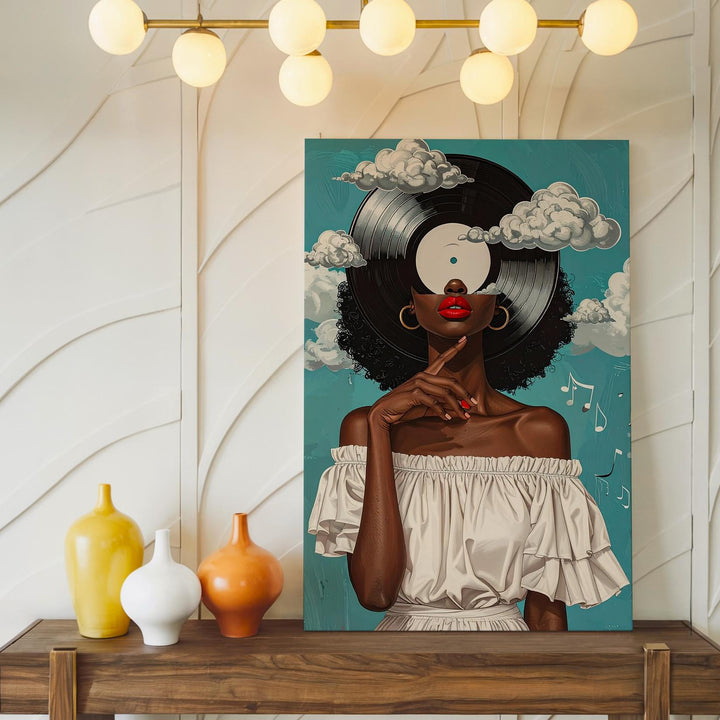 Afrofuturist Music Portrait Canvas – Woman with Vinyl Hair and Musical Notes - Gifitto