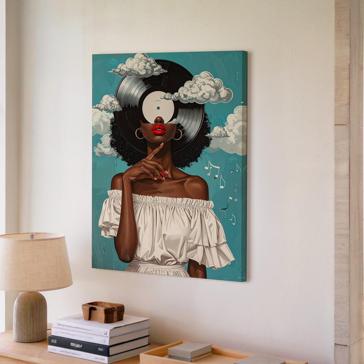 Afrofuturist Music Portrait Canvas – Woman with Vinyl Hair and Musical Notes - Gifitto