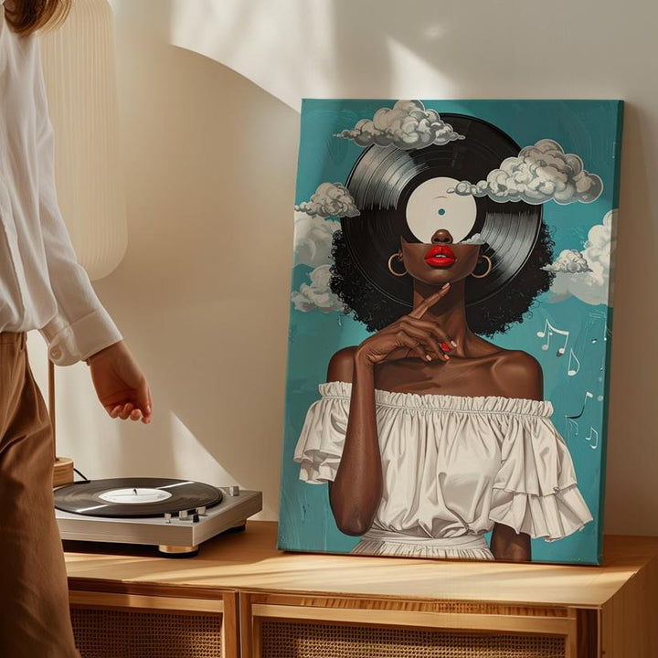 Afrofuturist Music Portrait Canvas – Woman with Vinyl Hair and Musical Notes - Gifitto