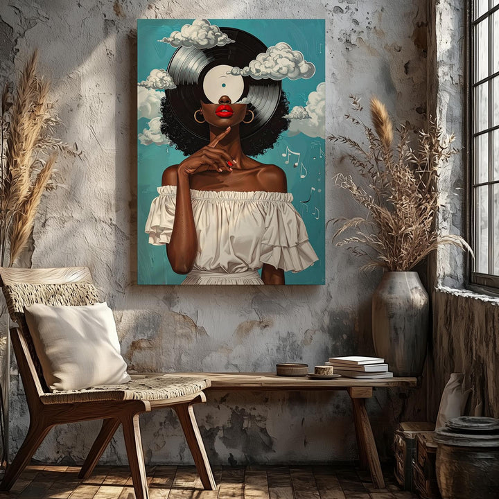 Afrofuturist Music Portrait Canvas – Woman with Vinyl Hair and Musical Notes - Gifitto