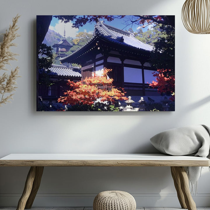 Autumn Temple Sanctuary Canvas – Traditional Japanese Architecture in Sacred Light - Gifitto