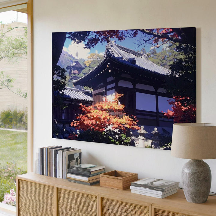 Autumn Temple Sanctuary Canvas – Traditional Japanese Architecture in Sacred Light - Gifitto