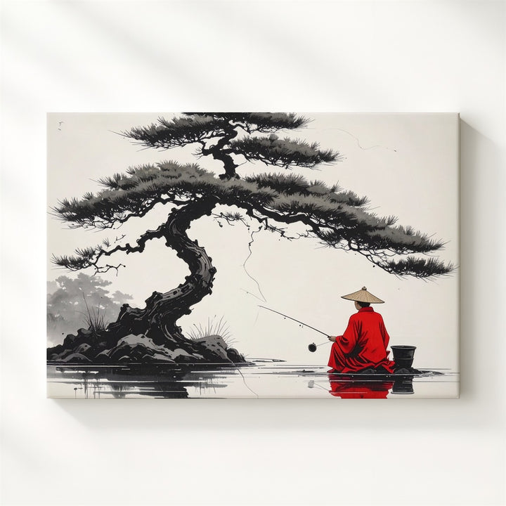 Red Robe Fisherman Canvas – Minimalist Zen Scene with Bonsai Pine & Quiet Reflection - Gifitto