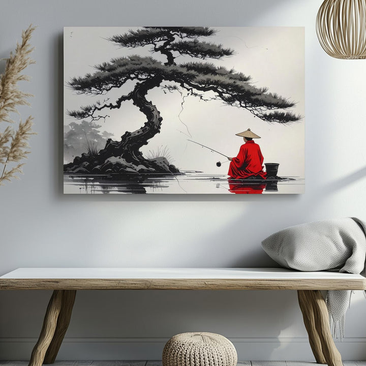 Red Robe Fisherman Canvas – Minimalist Zen Scene with Bonsai Pine & Quiet Reflection - Gifitto