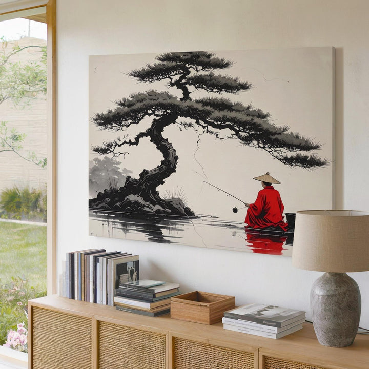Red Robe Fisherman Canvas – Minimalist Zen Scene with Bonsai Pine & Quiet Reflection - Gifitto