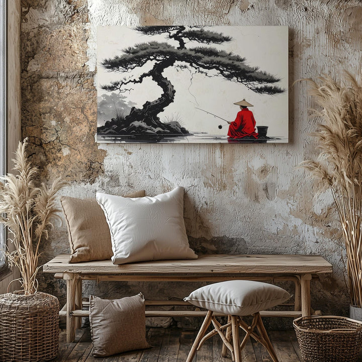 Red Robe Fisherman Canvas – Minimalist Zen Scene with Bonsai Pine & Quiet Reflection - Gifitto