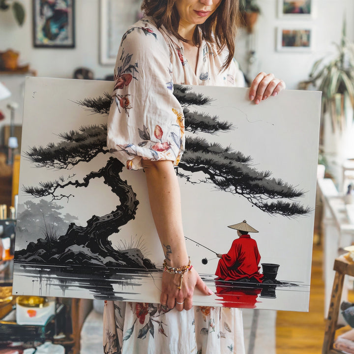 Red Robe Fisherman Canvas – Minimalist Zen Scene with Bonsai Pine & Quiet Reflection - Gifitto
