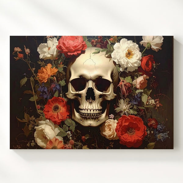 Memento Mori Floral Skull Canvas – Dark Still Life Wall Art with Symbolic Contrast - Gifitto