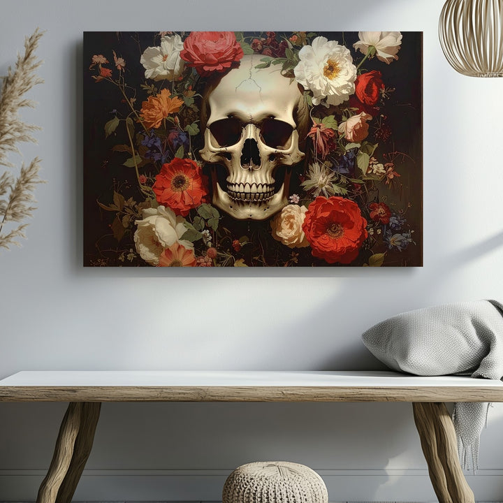 Memento Mori Floral Skull Canvas – Dark Still Life Wall Art with Symbolic Contrast - Gifitto
